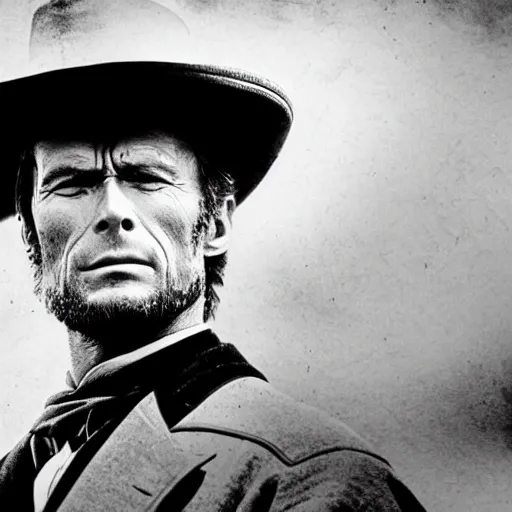 Image similar to an 1 8 0 0 s photo of mateusz morawiecki playing the role of clint eastwood, squinting at high noon, in the style of a clint eastwood movie, the good, the bad and the ugly, vibe, glory days, mount rushmore, justice, american flag, independence, patriotism, black and white, artgerm