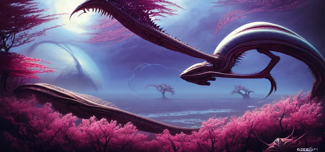 Image similar to photo of an alien fish in the style of roger dean, realistic, sharp focus, 8 k high definition, insanely detailed, intricate, elegant, art by greg rutkowski and artgerm, extreme blur cherry blossoms background