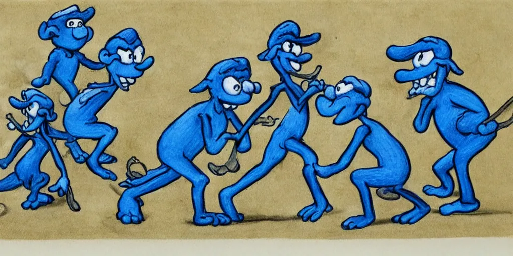 Prompt: in highly detailed color drawing of smurfs and white long bones