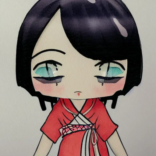 Image similar to beautiful water color concept art of face detailing cute nendoroid girl in the style of ukiyoe , toon rendering, close-up, no shade, modern art, smile, beautiful eye