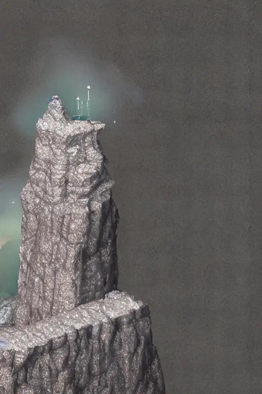 Image similar to blender render of a crystallized monument sitting atop a mountain peak