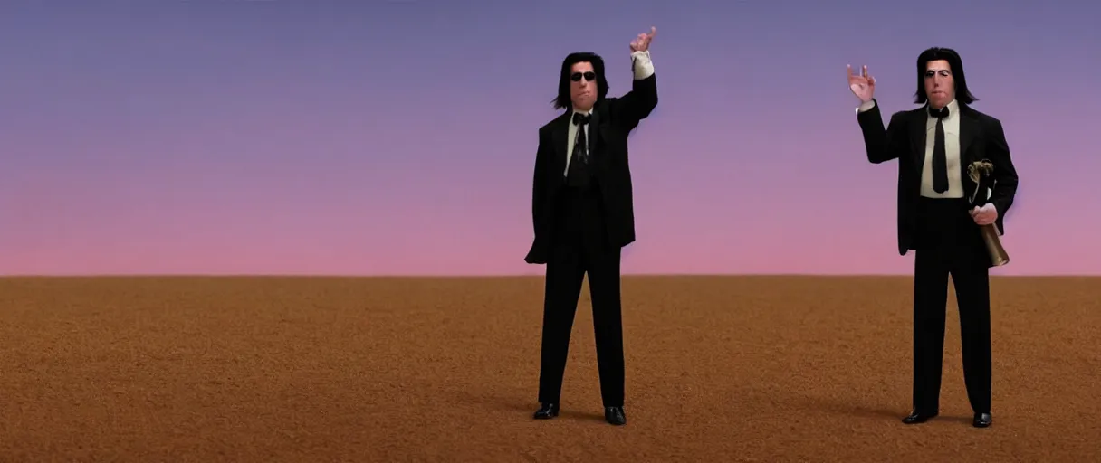 Prompt: wes anderson award - john travolta as vincent vega suprised gesture nobody there ghost town tumbleweed bushes on ground shrugging hand at waist level. standing in black suit high noon golden ratio, 4 k, detailed, art by jamie hewlett and greg rutkowsky, trending on artstation, cinematic lighting, filmic grain, golden hour, detailed, 4 k
