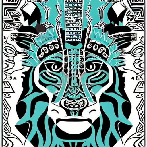 Image similar to illustration of mayan jaguar warrior, sullen, showing irritation or ill humor by a gloomy silence or reserve. in colors # 1 1 3 4 a 6, # 7 3 c 2 fb, # 6 6 9 3 fs, # 9 8 fb 9 8, # 0 1 7 9 6 f, by studio multi and victo ngai, malika favre