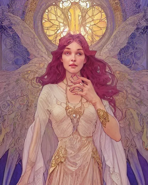 Image similar to an angel, highly detailed, very intricate, art nouveau, gold filigree, romantic storybook fantasy, soft cinematic lighting, award - winning, disney concept art watercolor illustration by mandy jurgens and alphonse mucha and alena aenami, pastel color palette, featured on artstation