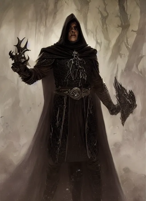 Prompt: dark black cloak male priest, ultra detailed fantasy, dndbeyond, bright, colourful, realistic, dnd character portrait, full body, pathfinder, pinterest, art by ralph horsley, dnd, rpg, lotr game design fanart by concept art, behance hd, artstation, deviantart, hdr render in unreal engine 5