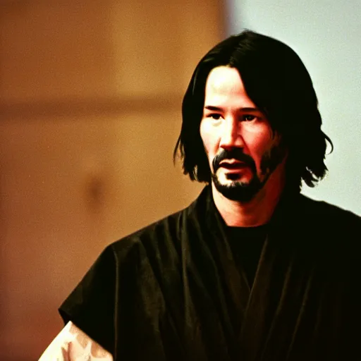 Image similar to cinematic film still of Keanu Reeves starring in a Steven Spielberg film as A Japanese Samurai at a temple, 1999, shallow depth of field, photograph, natural lighting