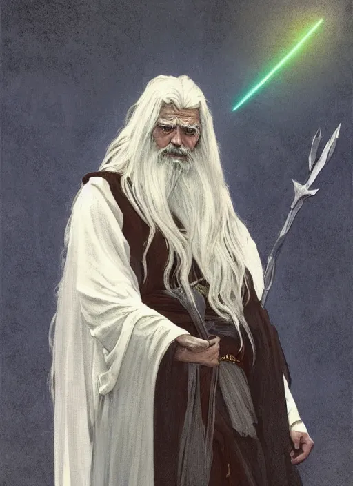 Image similar to medium - length portrait of a male wizard wreathed in arcane sigils with long white hair and glowing blue eyes, long white beard, dark brown skin, stern expression, wears a long robe, medieval setting, dramatic pose, highly detailed, digital painting, artstation, concept art, sharp focus, illustration, art by greg rutkowski and alphonse mucha