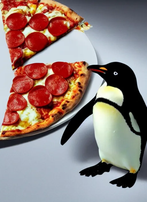 Prompt: a penguin eating a slice of pizza