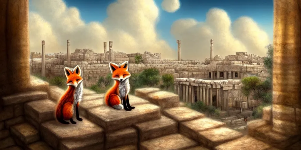 Prompt: a adorable small fox in the huge ruins of the second temple in jerusalem in the distance. the third temple hovers quietly hiding in the dreamy clouds above. a hooded bearded old man in a brown tunic laughing, colorful 8 k, art station, intricate superb details, digital art, illusion painting hidden temple.