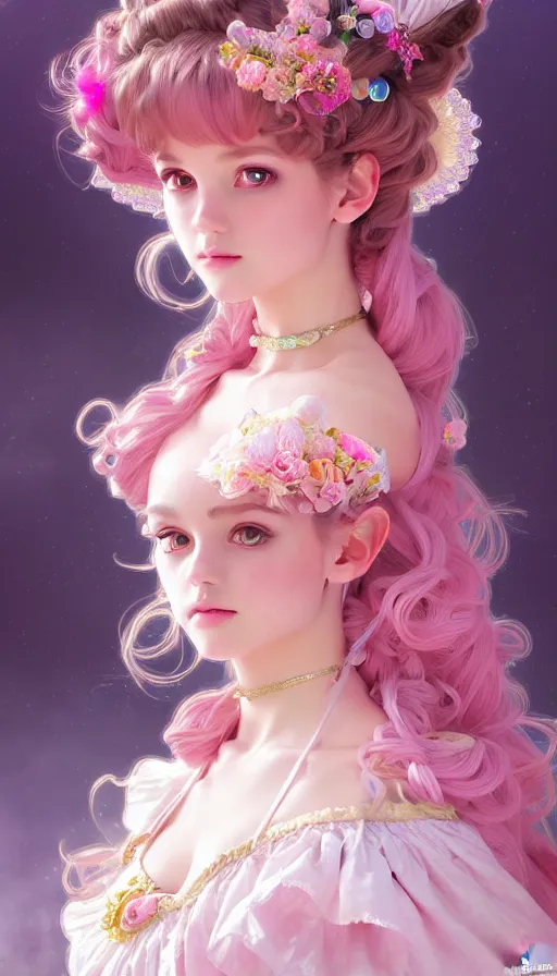 Prompt: portrait of magical lolita girl, dreamy and ethereal, pink eyes, curious expression, ornate frilly dress, fantasy, intricate, elegant, rainbow bubbles and crystals around the girl, highly detailed, digital painting, artstation, concept art, smooth, sharp focus, illustration, art by artgerm and greg rutkowski and alphonse mucha