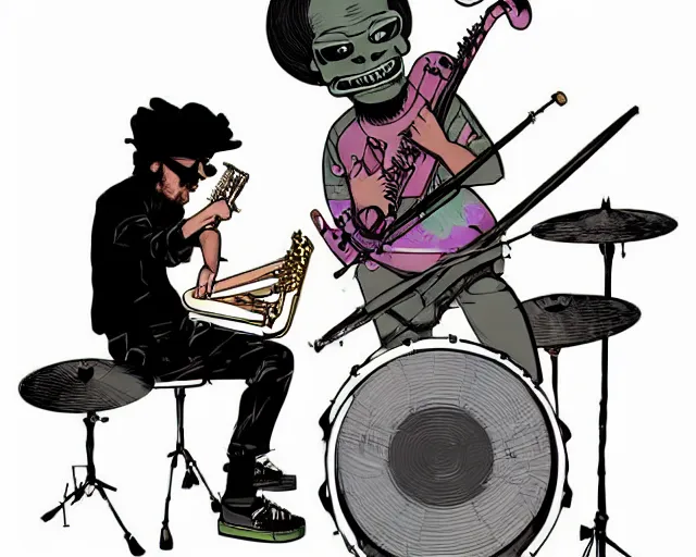 Image similar to a study of cell shaded cartoon of a two man band playing a microKorg synthesizer and drums, subtle colors, post grunge, concept art by josan gonzales and wlop, by james jean, Victo ngai, David Rubín, Mike Mignola, Laurie Greasley, highly detailed, sharp focus, Trending on Artstation, HQ, deviantart, art by artgem