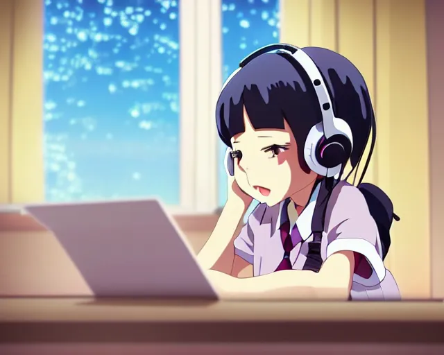 Image similar to anime fine details portrait of joyful school girl in headphones studying near monitor in her room at the table, evening, lamp, lo-fi, open window, dark city landscape on the background deep bokeh, profile close-up view, anime masterpiece by Studio Ghibli. 8k, sharp high quality anime