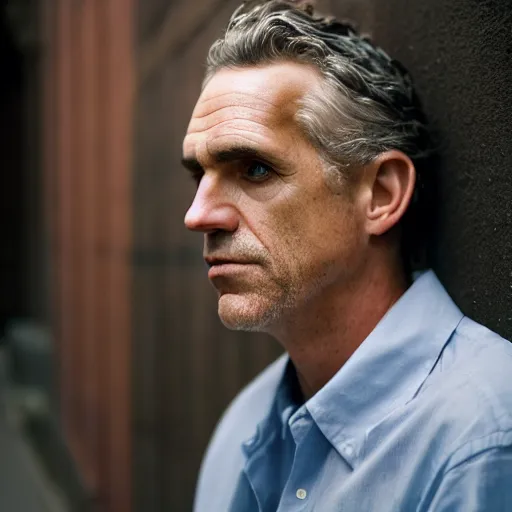 Image similar to closeup portrait of a Jordan Peterson , new york back street , by Steve McCurry and David Lazar, natural light, detailed face, CANON Eos C300, ƒ1.8, 35mm, 8K, medium-format print