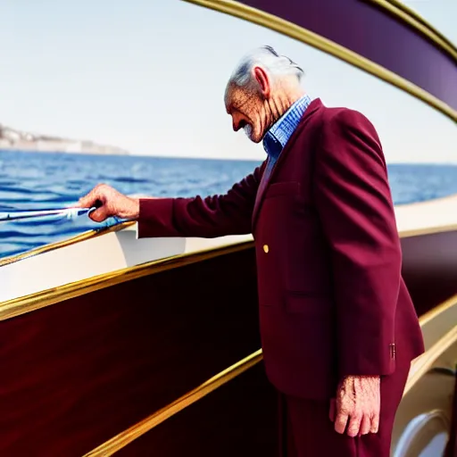 Prompt: wrinkled hunchbacked old man in musty burgundy suit, polishing painting the side of a gold plated mega yacht with a cloth, maintenance photo, wide angle