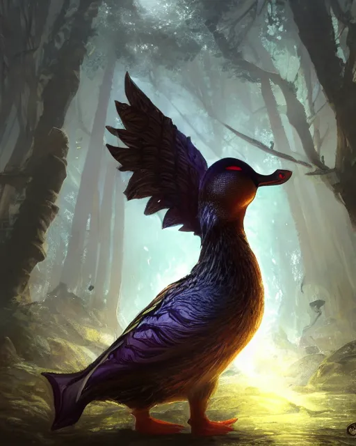 Image similar to Duck Shapeshifter Druid Mage, D&D, artstation, fantasy, magic the gathering artwork, cinematic lighting, centered, symmetrical, highly detailed, digital painting, , concept art, smooth, sharp focus, illustration, volumetric lighting, epic Composition, 8k, art by Akihiko Yoshida and Greg Rutkowski and Craig Mullins, oil painting, cgsociety