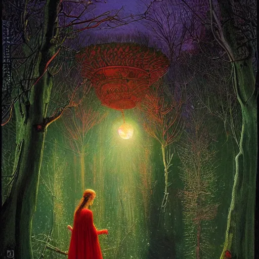 Image similar to the scarlet witch awaits her pursuers, victorian hunters, night time, deep forest, highly detailed, focus, mist nizovtsev, victor