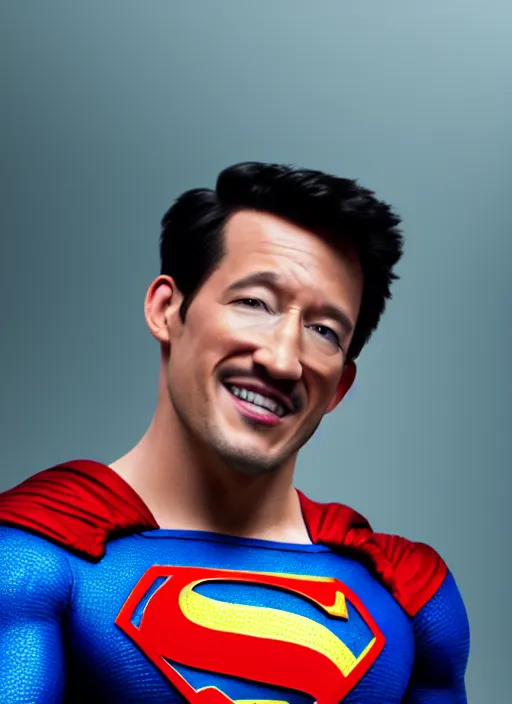 Prompt: film still of Markiplier as Superman in Superman, 4k