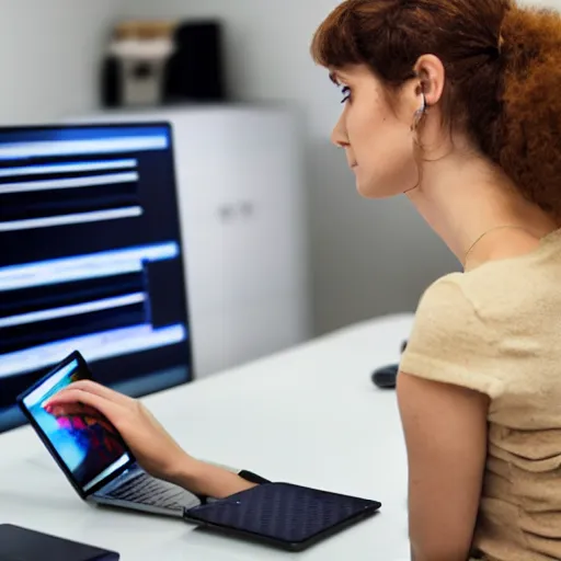 Prompt: cable plugged in, back of head, woman, apple computers