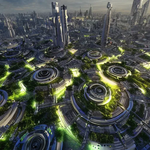 Image similar to futuristic utopian city, central hub, spiral white buildings, golden sunset, research complex, well lit streets, green trees, ( ( large flying drones ) ), utopia, high quality, beautiful design, scifi, high detail, global illumination, trending on artstation, art by richard dumont, leon tukker