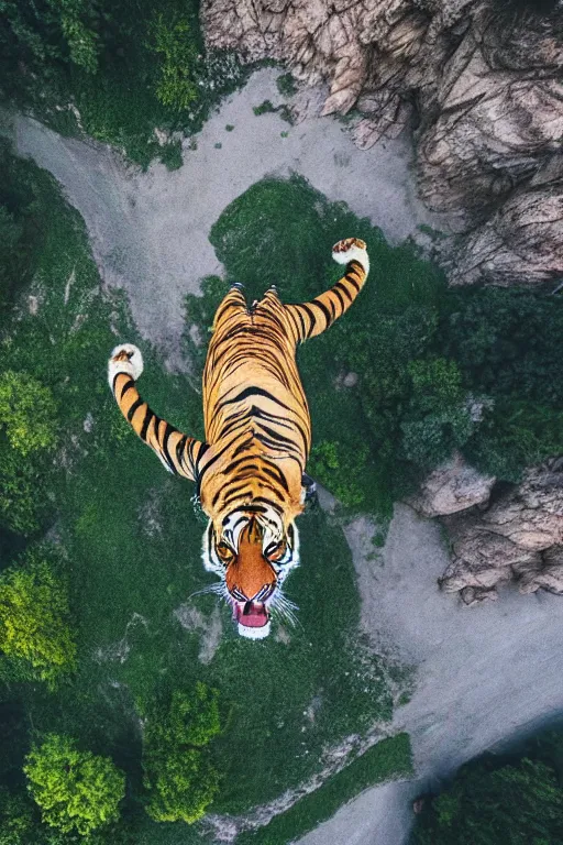 Image similar to realistic hairy tiger. the tiger is suspended by a large balloon parachute. the parachute is open. the tiger is is the middle of the air. the tiger is jumping from a mountain cliff. photo captured by a drone. wide angles lens. epic