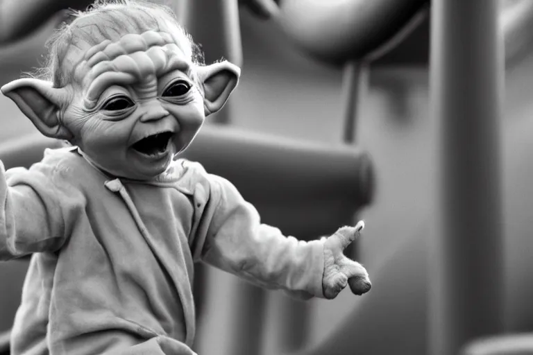 Image similar to baby-yoda!!!!!!, happy, in a playground, on a slide, arms in the air, shallow depth of field,