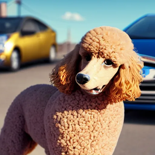 Image similar to a closeup photorealistic photograph of a poodle eating from a jar of mustard. toyota prius is in the background. professional capture. brightly lit scene. this 4 k hd image is trending on artstation, featured on behance, well - rendered, extra crisp, features intricate detail, epic composition and the style of unreal engine.