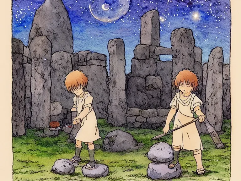 Image similar to a simple watercolor studio ghibli movie still fantasy concept art of a giant medieval kid playing with stones like they are toys in a tiny stonehenge. it is a misty starry night. by rebecca guay, michael kaluta, charles vess