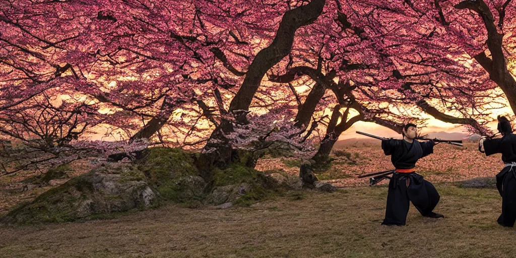 Image similar to samurai duel, both samurai have katana drawn, in a fighting pose, sunset in the background, cherry trees blossoming and Japanese maple trees, autumn, professional photo