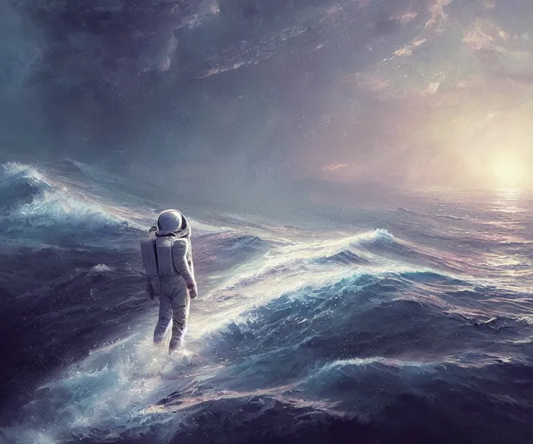 Image similar to an astronaut lost in the ocean,digital art,detailed,ultra realistic,art by greg rutkowski