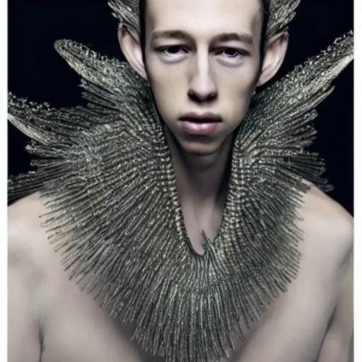 Image similar to a beautiful young male alienwearing iris van herpen couture, his hair moves with the wind, photographed by erwin olaf