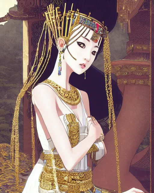 Prompt: Cleopatra in her palace, beautiful woman, japanese style, by Akihiko Yoshida, Kenny McBride, intricate, elegant white dress, vibrant, pretty face, fine details, perfect, gold decorations, 8k high detail, masterpiece, by