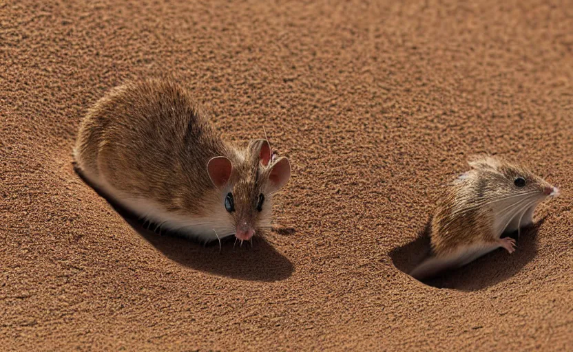 Prompt: on the dune of arrakis we see a close up of a tiny fremen desert mouse character steering a giant sandworm, blender animation, macro focus, hero shot and dramatic angles,