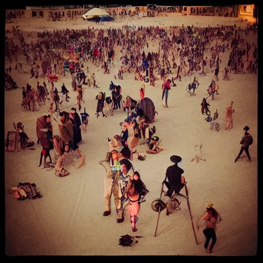 Prompt: “renaissance painting of people at burning man black rock city with steampunk costumes and loud music”