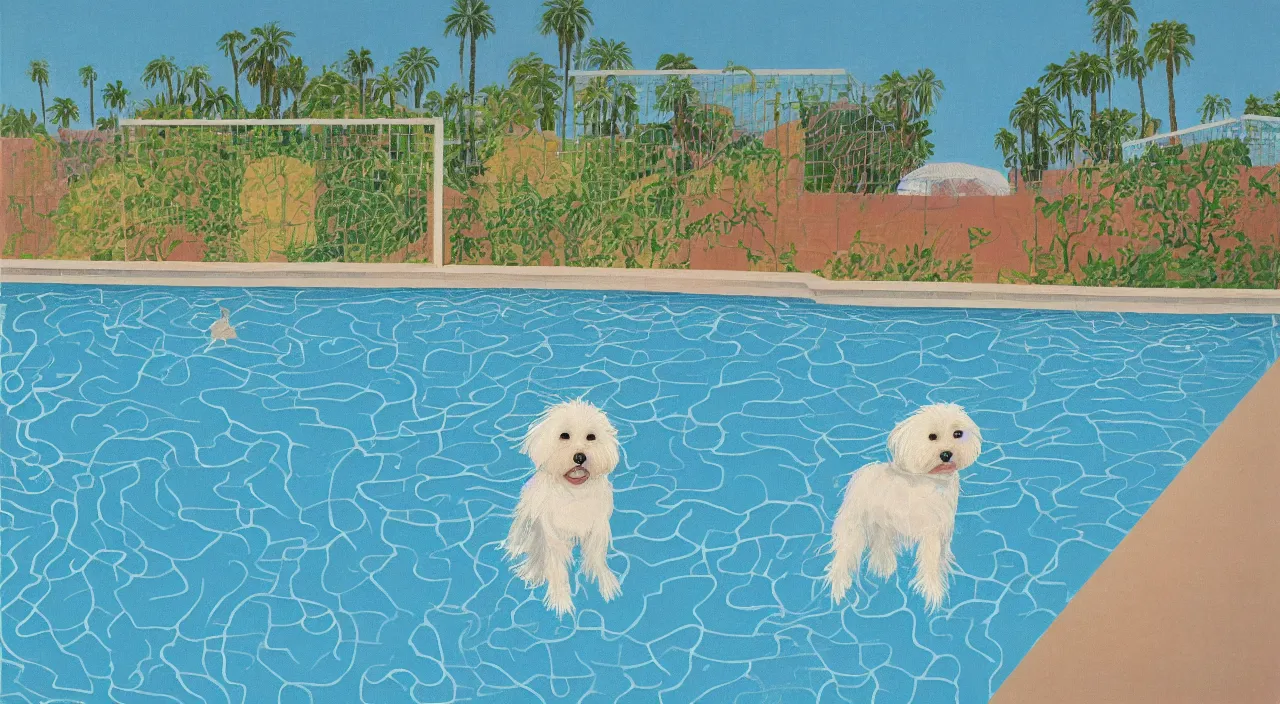 Image similar to a cream colored havanese dog swimming in a swimming pool at a mid century modern house in palm springs by david hockney