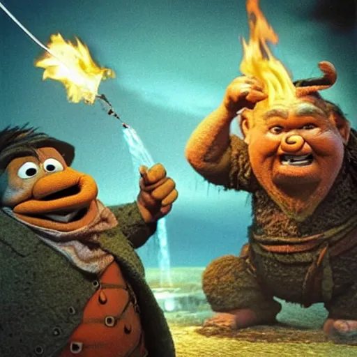 Image similar to “Bert throwing the one ring into the fires of mount doom as ernie tries to take it back”