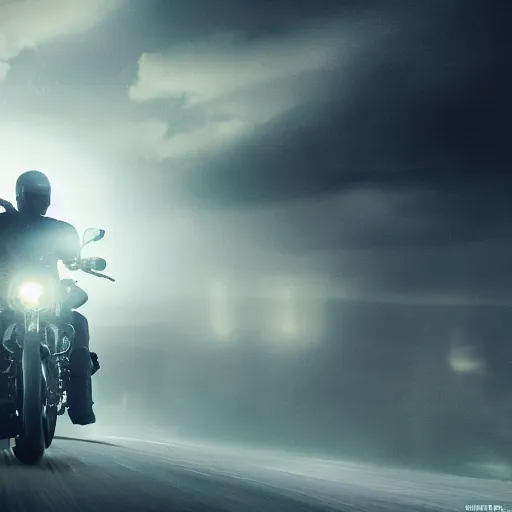 Image similar to A lonesome wanderer riding a motorcycle, dark uncanny road to a huge hive city sparkling with city lights, dark clouds, descent into madness, death, i am the night, realistic 4k octane beautifully detailed render, 4k post-processing, highly detailed, intricate complexity, epic composition, magical atmosphere, cinematic lighting, masterpiece, ultra hd