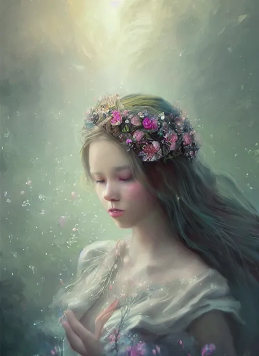 Prompt: a gorgeous flower princess portrait by WLOP, digital painting, beautiful lighting, mystical, detailed flowers, 🌺 cgsociety