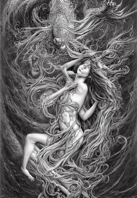 Prompt: full body front view of a beautiful biomechanical moon goddess, flowing hair, intense stare, sweet smile, concept art, intricate detail, volumetric shadows and lighting, psychedelic colors, realistic oil painting by gustave dore,