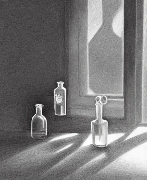 Image similar to a pencil drawing of one round potion bottle on a messy table, sunlight from a window, soft lighting, atmospheric, bottle is the focus. by pen tacular