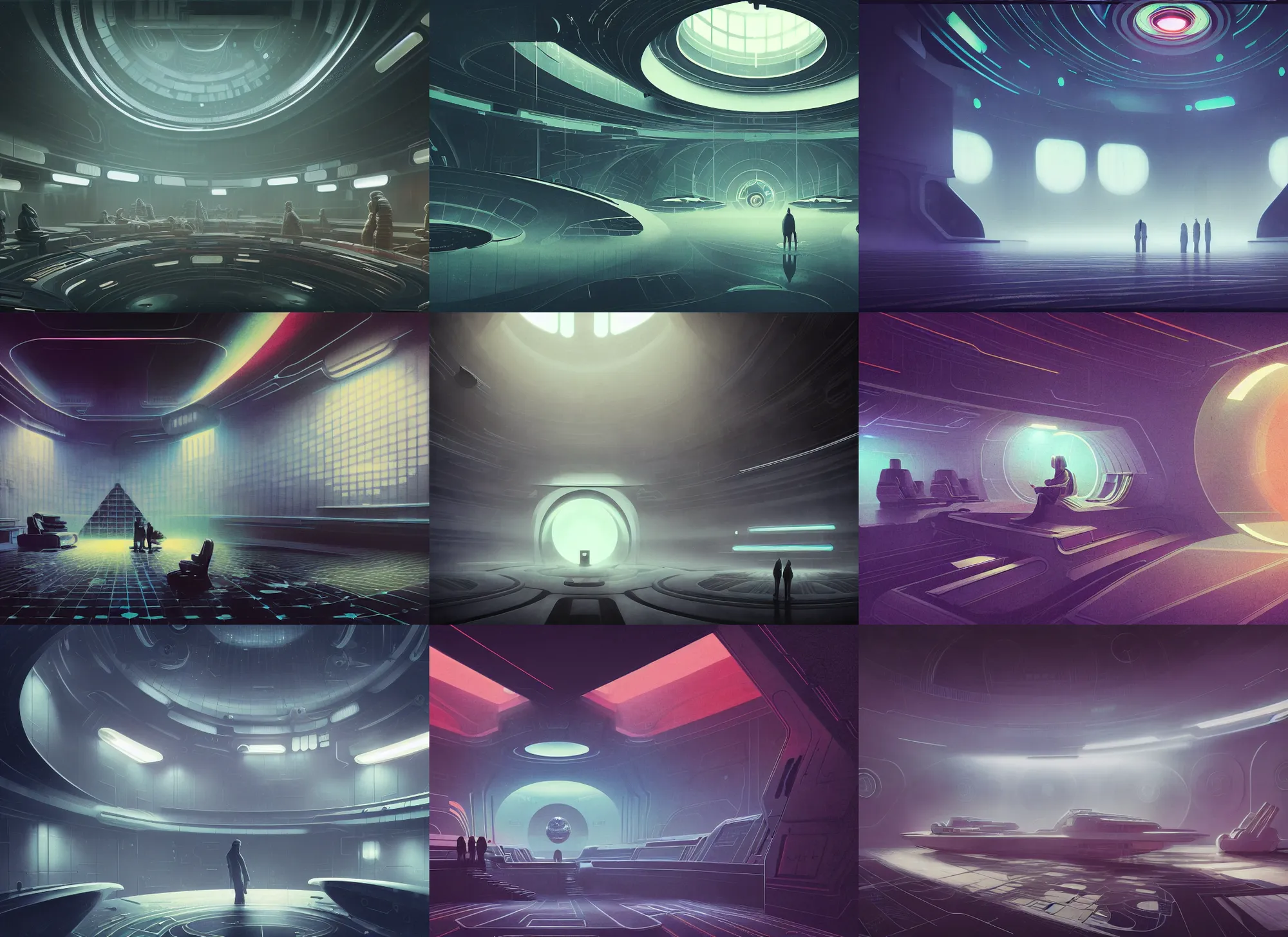Prompt: interior portrait of a scifi spacestation many people busy, colorful, modern art deco, mads berg, karolis strautniekas, christopher balaskas, stippled light, fog, moody, fine texture, editorial illustration, dramatic lighting, dynamic composition, detailed, matte print, dynamic perspective, muted color, void, sacred geometry