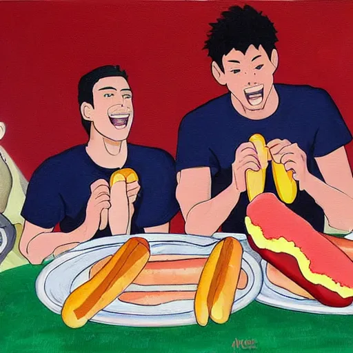 Image similar to a painting portrait of arsenal players eating hot dogs, studio ghibli,