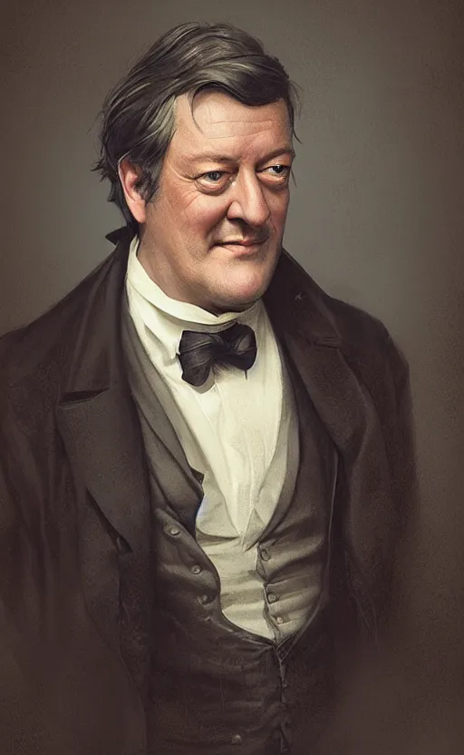 Prompt: Portrait of Stephen Fry as a victorian gentleman, male, detailed face, 19th century, highly detailed, cinematic lighting, digital art painting by greg rutkowski