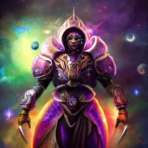 Image similar to photorealistic fantasy cosmic concept art of a cosmic god with armor made out of planets and dark matter, hovering in a unknown galaxy, fully body portrait, cinematic, dynamic lighting, ultra detailed, creative, trending on art station, stunning visuals, creative