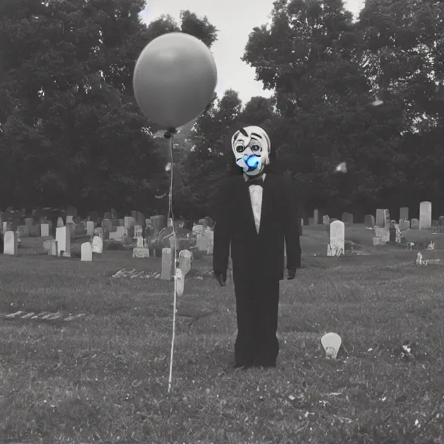 Image similar to creepy clown in the distance holding balloons in cemetary, photo by william eggelston