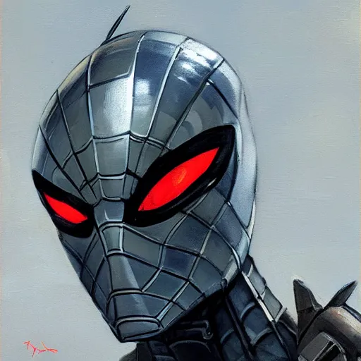 Image similar to greg manchess portrait painting of armored spiderman ultraman grey fox from metal gear cyborg gay japanese - american hybrid as overwatch character, medium shot, asymmetrical, profile picture, organic painting, sunny day, matte painting, bold shapes, hard edges, street art, trending on artstation, by huang guangjian and ail elvgren and sachin teng