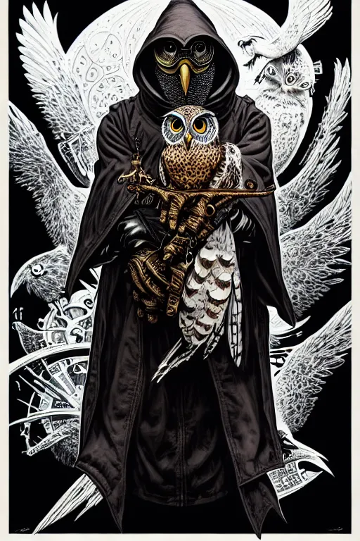 Prompt: side view of a hooded steampunk alchemist wizard holding his majestic owl on glove, high details, bold line art, by vincent di fate and joe fenton, inking, etching, screen print, masterpiece, trending on artstation, sharp, high contrast, hyper - detailed,, hd, 4 k, 8 k