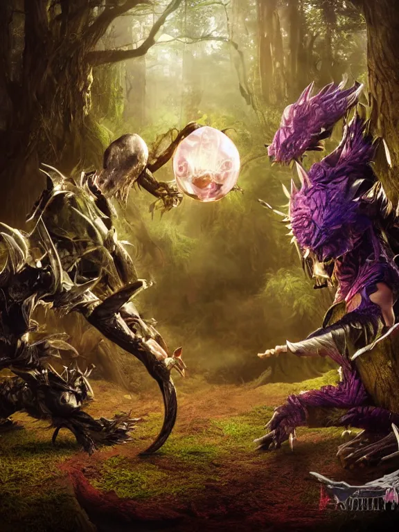 Prompt: magician fighting a final fantasy monster in a forest, fantasy, magical lights, detail,