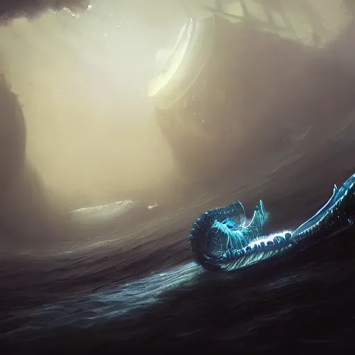 Image similar to Underwater Leviathan, bioluminescent, eerie, emotion, scenery, oil painting, Tooth Wu, Greg Rutkowski, RPG, dynamic lighting, fantasy art, high contrast, depth of field