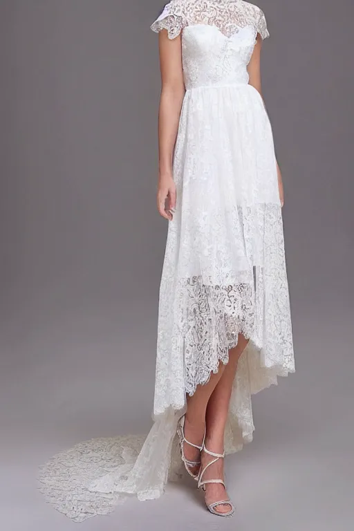 Prompt: a short beautiful high low lace dress, wedding dress, bohemian, detailed lacework, lace dress, romantic dress, white and silver, floral lacework