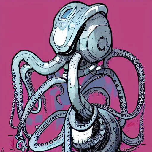 Image similar to a cyberpunk octopus, in the style of Ashley Wood and Moebius